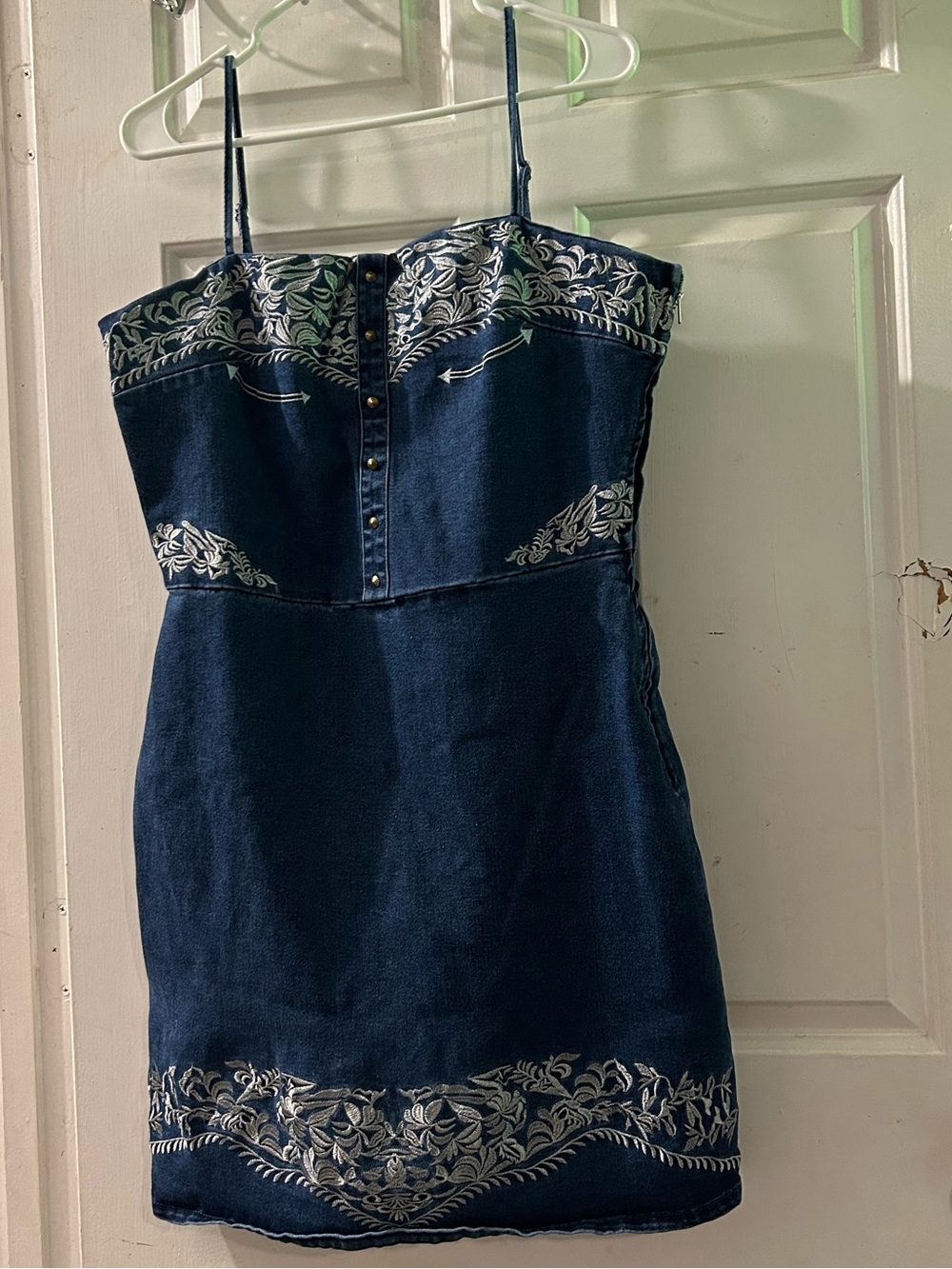 Embroidered Navy Denim Mini Dress